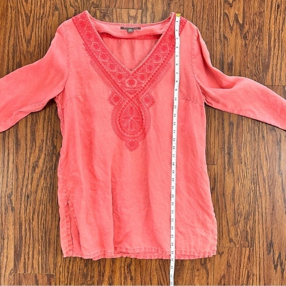 Tommy Bahama Salmon Coral Linen Tunic Embroidered Front 3/4 Sleeve Top Medium - Picture 9 of 11